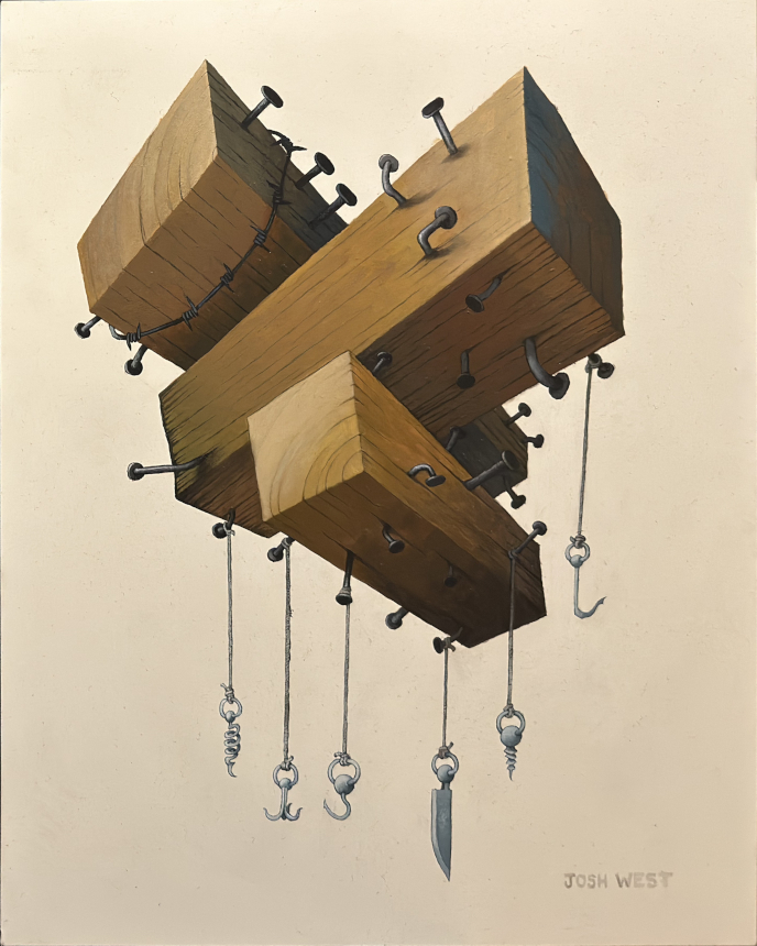 Three blocks of wood stacked on each other with a lot of nails halfway hammered into them and twisted, with various sharp,pronged and barbed elements hanging from strings.