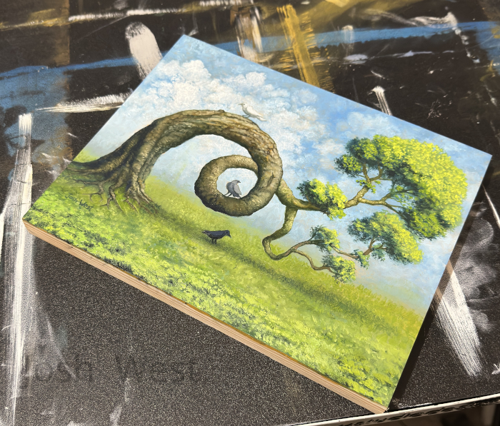 A three-quarters turned view of the physical painting.