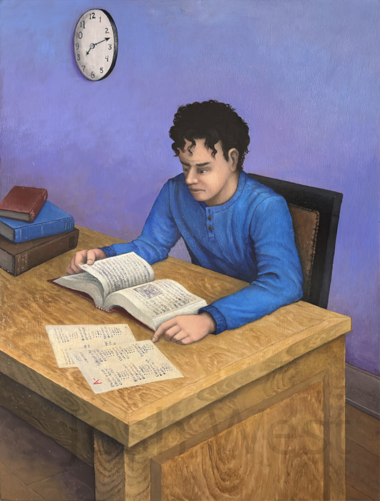 A young college student sitting at a desk with a look of concentration on his face as he is studying an open book on the desk before him. There is also a paper on the desk with a grade of A-. A clock on the wall shows almost a quarter past 7.