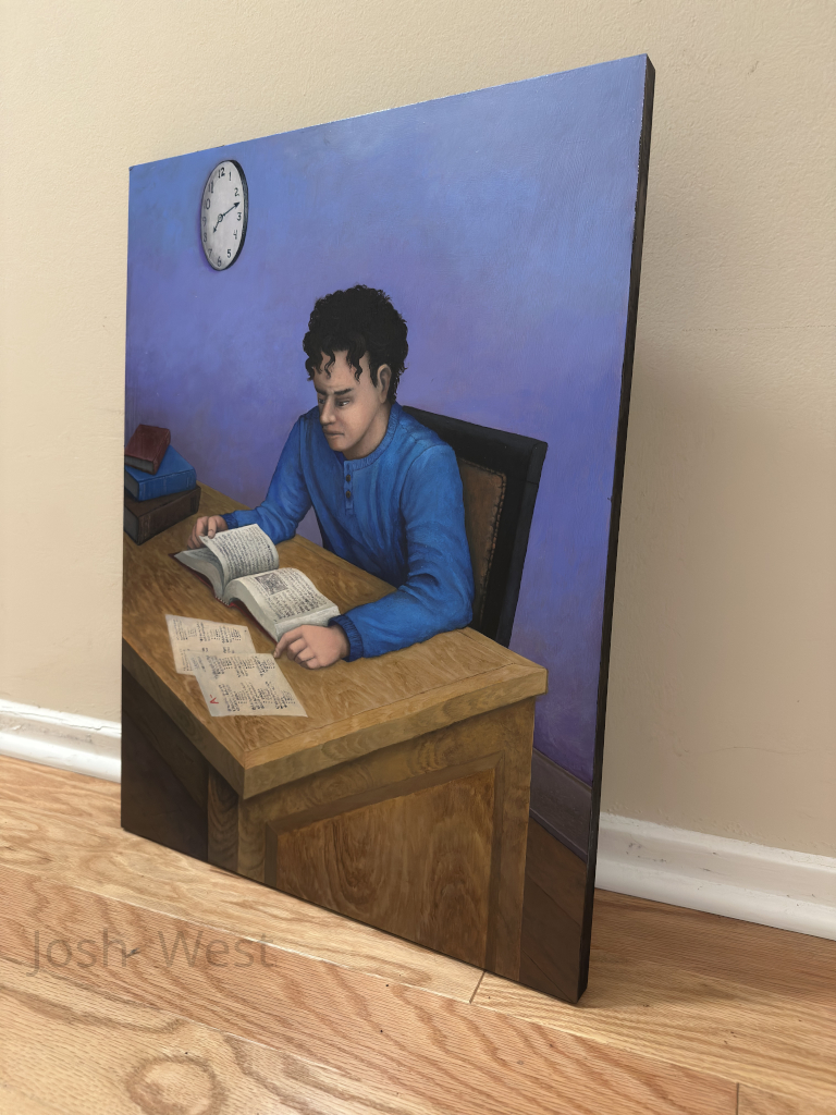 A three-quarters turned view of the physical painting.