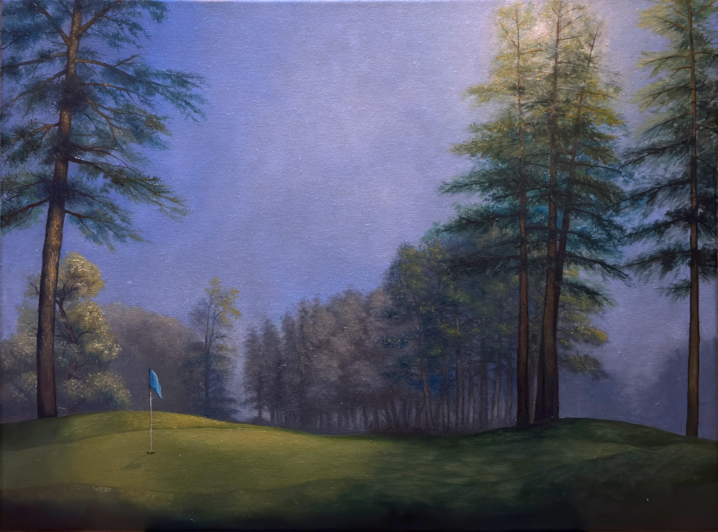 Painting of a golf green with a blue flag in the foreground, tall pine trees in the background and the sun breaking through the top of one of the pine trees to shine on the flag.