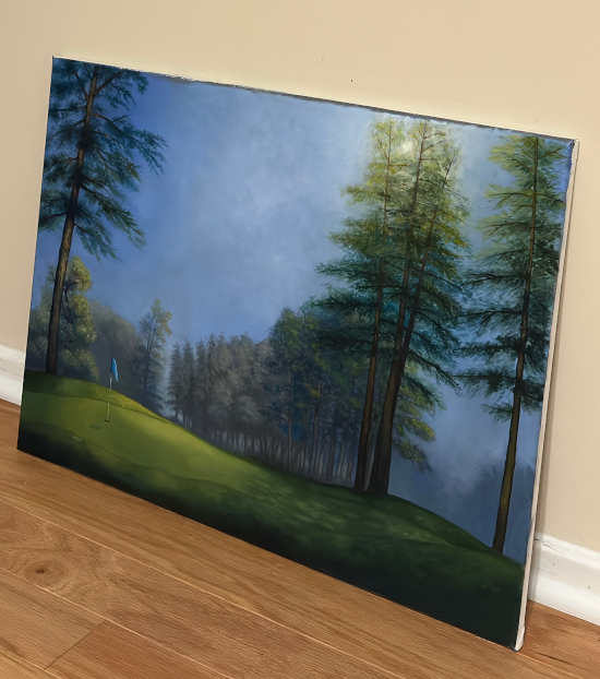 A three-quarters turned view of the physical painting.