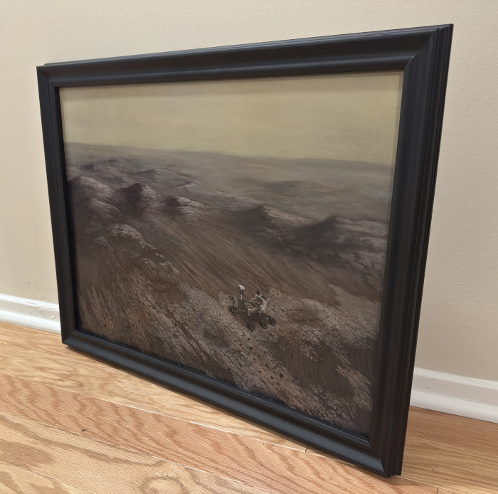 A three-quarters turned view of the physical painting.