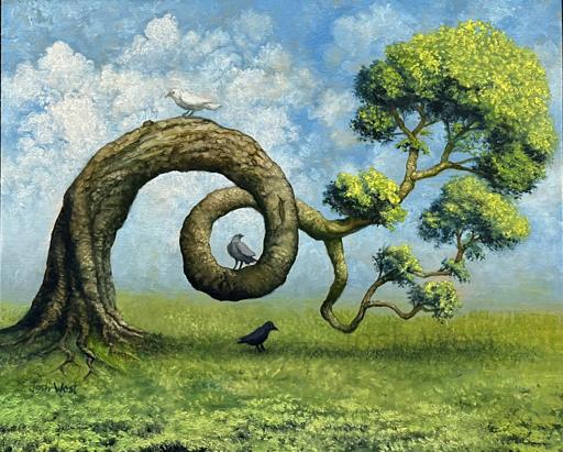 A simple oil painting of a tree with its trunk twisted into a loop. A dove sits atop the loop. A dove is perched on the top of the loop, a pigeon is perched inside the loop and a crow is on the ground in shadow cast below the loop.