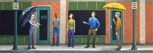 Five people standing on a sidewalk.  Two characters are holding umbrellas, one wearing a smiling mask and the other a sad one, standing on opposite ends of the composition. The other three characters are looking up as though confused why these two are using umbrellas on a clear day.