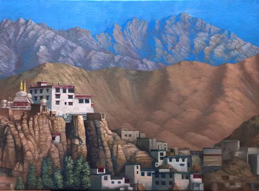Painting of a Buddhist monastery on a rocky cliff with mountains in the background, blue skies above.