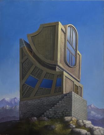 Strange rectangular wooden building with a large oval window on the upper floor.  It is set atop a mountain range.