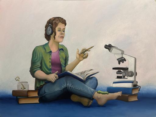 Woman seated on the floor with open book in lap, staring down at a caterpillar crawling on her bare foot, just calmly studying it. There is also a microscope next to her and a stack of books with a glass jar and a single metal key in the jar.