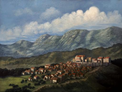 A old village in the mountains with a section raised onto a stone platform, rolling hills and a cloudy sky.