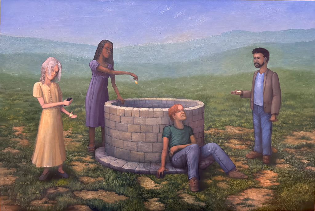 Four people standing around a stone well. One is an elderly Causasian woman holding a photograph in one hand and a gold coin in another. Another is a Black woman who has just released a gold coin from her fingers to drop into the well. The third is a man with red hair who is seated at the base of the well, looking up into the sky above. The fourth is a man from Southern Asia who holds a gold coin in his palm and is staring at the well.